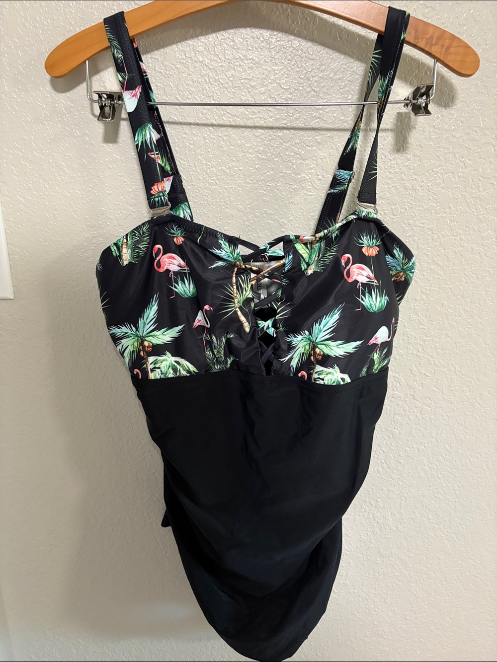 Younique Black One-Piece Swimsuit with Tropical Flamingo Print